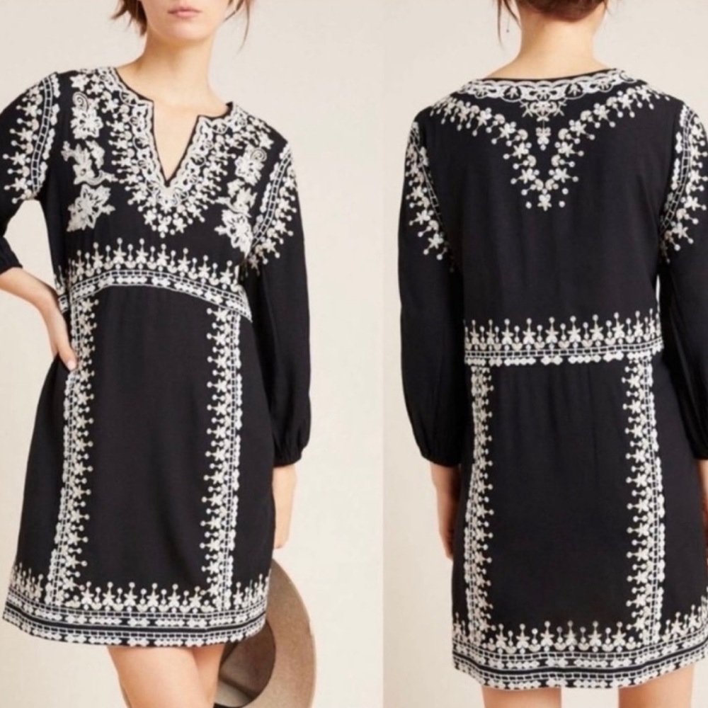 Anthropologie NWOT Maeve Shiloh Black Embroidered Tunic Mini Dress size 6 LBD - Picture 2 of 12